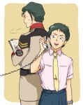  2boys bright_noa char&#039;s_counterattack closed_eyes father_and_son green_hair gundam hathaway_noa military military_uniform multiple_boys necktie phone short_hair smile sweatdrop uniform 