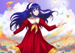  1girl :d bangs blue_eyes blue_flower blue_hair blurry blurry_background bug butterfly clouds day dress field fire_emblem fire_emblem:_the_binding_blade floating_hair flower flower_field green_flower green_rose hair_between_eyes hairband insect lilina_(fire_emblem) long_dress long_hair long_sleeves neckerchief open_mouth outdoors red_dress rose shiny shiny_hair shoochiku_bai smile snowflakes solo standing very_long_hair white_hairband yellow_neckwear 