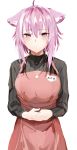  1girl absurdres ahoge alternate_costume animal_ear_fluff animal_ears apron black_sweater blush breasts cat_ears cowboy_shot dogxfish hands_together highres hololive long_sleeves looking_at_viewer medium_breasts name_tag nekomata_okayu pink_apron purple_hair ribbed_sweater short_hair_with_long_locks sidelocks simple_background solo sweater turtleneck turtleneck_sweater violet_eyes virtual_youtuber white_background 