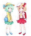  2girls :&lt; alternate_costume backpack bag bandaid bandaid_on_face bandaid_on_leg beret blonde_hair blue_footwear blue_ribbon blush bow charm_(object) closed_mouth collared_shirt cravat eyebrows_visible_through_hair flandre_scarlet flat_chest full_body green_eyes green_hair green_skirt hair_bow hanen_(borry) hat hat_ribbon heart heart_background highres komeiji_koishi long_sleeves looking_at_viewer looking_to_the_side multiple_girls neckerchief no_wings one_side_up randoseru red_bow red_eyes red_footwear red_skirt ribbon school_bag shirt short_hair short_sleeves simple_background skirt smile suspenders touhou v-shaped_eyebrows white_background white_headwear white_legwear white_shirt yellow_headwear yellow_neckwear yellow_shirt 