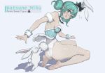  8bitgoblin8 absurdres animal_ears aqua_eyes aqua_hair aqua_leotard bangs bare_shoulders barefoot bicute_bunnies_miku black_neckwear breasts bunny_tail character_name cuffs detached_collar double_bun ear_ribbon fishnet_legwear fishnets fur-trimmed_leotard fur_cuffs hatsune_miku highres kneeling leotard mini_necktie pantyhose playboy_bunny rabbit_ears shadow sideboob sidelocks strapless strapless_leotard tail two-tone_leotard vocaloid wrist_cuffs 