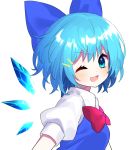  1girl ;d blue_bow blue_dress blue_eyes blue_hair blush bow bowtie cirno commentary detached_wings dress from_side hair_bow highres ice ice_wings looking_at_viewer one_eye_closed open_mouth puffy_short_sleeves puffy_sleeves red_neckwear short_hair short_sleeves simple_background smile solo touhou upper_body white_background wings yuujin_(yuzinn333) 