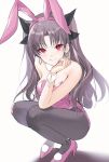  1girl animal_ears bare_shoulders black_hair black_legwear black_ribbon bunny_tail commentary earrings fate/grand_order fate_(series) hair_ribbon high_heels ishtar_(fate)_(all) ishtar_(fate/grand_order) jewelry kernel_killer long_hair looking_at_viewer pantyhose rabbit_ears red_eyes ribbon solo tail 