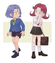  1boy 1girl absurdres bag blue_eyes green_eyes highres james_(pokemon) jessie_(pokemon) kiana_mai pokemon pokemon_(anime) school_bag team_rocket 