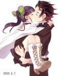  1boy 1girl bangs belt black_hair boots brown_eyes butterfly_hair_ornament cape carrying closed_eyes couple cross-laced_footwear dated facial_scar forehead_scar hair_ornament hetero hug japanese_clothes kamado_tanjirou kimetsu_no_yaiba kiss princess_carry scar shirokuma_(shiropan777) side_ponytail tsuyuri_kanao uniform white_cape white_footwear 