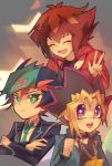  3boys :d ^_^ ^o^ aqua_hair black_shirt blonde_hair blue_hair blue_jacket brown_hair chain closed_eyes closed_mouth collared_shirt crossed_arms duel_academy_uniform_(yuu-gi-ou_gx) fujiki_yuusaku green_eyes highres jacket jewelry male_focus millennium_puzzle multicolored_hair multiple_boys mutou_yuugi necklace necktie open_mouth pink_hair purple_hair red_jacket school_uniform shirt smile spiky_hair tounori_(nrmc_7) violet_eyes white_shirt yu-gi-oh! yu-gi-oh!_duel_monsters yu-gi-oh!_gx yu-gi-oh!_vrains yuuki_juudai 