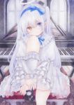  1girl angel bush colored_pencil_(medium) darkkanan dress frilled_dress frills graphite_(medium) hairband halo heterochromia highres indoors instrument kneehighs legs lolita_fashion looking_at_viewer mary_janes original piano see-through shoes silver_hair sitting socks solo thighs traditional_media twintails white_dress white_hair 