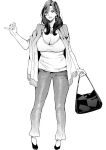  1girl azukiko bag breasts earrings full_body jewelry large_breasts long_hair monochrome necklace original pants shoes simple_background standing 