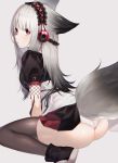 1girl absurdres animal_ears arknights ass bangs black_footwear black_legwear commentary_request fox_ears fox_tail frostleaf_(arknights) grey_background hairband headphones highres lace_trim long_hair looking_at_viewer parted_lips partial_commentary puffy_short_sleeves puffy_sleeves red_eyes shoes short_sleeves silver_hair simple_background sitting solo tail tamafurin thigh-highs thighs wariza 
