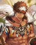  1boy abs bara bare_chest brown_hair chest close-up dark_skin dark_skinned_male face facial_hair goatee gozu_farm headband highres male_focus multicolored_hair muscle nipples pointy_ears revealing_clothes short_hair sideburns snake solo spiky_hair tangaroa tattoo tokyo_houkago_summoners tooth_necklace tribal_tattoo two-tone_hair white_hair yellow_eyes 
