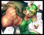  1boy bara bare_arms black_hair chest covered_abs covered_navel covered_nipples dark_skin dark_skinned_male facial_hair fighting_stance foreshortening goatee gozu_farm green_eyes green_hair horned_mask jacket jacket_on_shoulders looking_at_viewer male_focus multicolored_hair muscle nipples short_hair solo taurus_mask thighs tight tokyo_houkago_summoners two-tone_hair upper_body wrestling_mask wrestling_outfit 