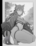  1girl absurdres animal_ears arknights ball commentary_request ears_through_headwear gloves greyscale hat highres holding holding_ball izsly jacket long_hair long_sleeves looking_at_viewer monochrome open_clothes open_jacket parted_lips solo tennis_ball texas_(arknights) thighs wolf_ears 