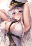  1girl absurdres arms_behind_head azur_lane bangs bare_shoulders black_neckwear blush breasts enterprise_(azur_lane) eyebrows_visible_through_hair hat highres large_breasts long_hair looking_at_viewer necktie peaked_cap ryara shirt silver_hair sleeveless sleeveless_shirt smile solo unbuttoned underbust very_long_hair violet_eyes 