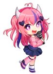  1girl black_skirt chibi commission holding holding_microphone horns indie_virtual_youtuber ironmouse microphone open_mouth pink_hair pokey skirt solo two_side_up violet_eyes virtual_youtuber watermark white_background 