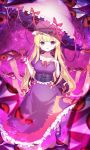 1girl ankle_ribbon bangs blonde_hair blunt_bangs blurry blurry_foreground bow breasts corset depth_of_field dress eyebrows_visible_through_hair eyes flame_print frilled_dress frills full_body gap_(touhou) gradient_eyes hair_bow hand_on_own_chest hat hat_ribbon high_heels highres holding holding_umbrella kiramarukou leg_up light_particles long_hair looking_at_viewer medium_breasts mob_cap multicolored multicolored_eyes pink_bow pink_ribbon purple_corset purple_dress purple_legwear purple_theme red_eyes red_ribbon reflective_eyes ribbon ribbon_trim shiny shiny_hair shiny_skin sidelocks solo space star_(sky) touhou trigram umbrella very_long_hair violet_eyes white_headwear yakumo_yukari yin_yang_print 