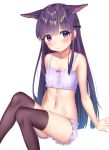  1girl animal_ear_fluff animal_ears bangs bare_arms bare_shoulders blush bow bow_bra bra brown_legwear closed_mouth collarbone eyebrows_visible_through_hair feet_out_of_frame highres k_mugura kasumi_(princess_connect!) knees_up looking_at_viewer navel panties princess_connect! princess_connect!_re:dive purple_bra purple_hair purple_panties simple_background smile solo thigh-highs underwear underwear_only violet_eyes white_background 