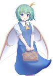  1girl bangs basket blue_eyes blue_skirt blue_vest breasts commentary_request cravat daiyousei eyebrows_visible_through_hair fairy_wings feet_out_of_frame green_hair hair_ribbon highres holding holding_basket looking_at_viewer one_side_up partial_commentary puffy_short_sleeves puffy_sleeves resa_7z_(resastr) ribbon shirt short_hair short_sleeves simple_background skirt small_breasts smile solo standing touhou v_arms vest white_background white_shirt wings yellow_neckwear 