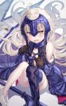  1girl ahoge black_legwear blush cape fate/grand_order fate_(series) fur_trim gloves grey_hair headpiece highres jeanne_d&#039;arc_(alter)_(fate) jeanne_d&#039;arc_(fate)_(all) katoroku looking_at_viewer loose_clothes no_shoes short_hair single_thighhigh sitting solo thigh-highs yellow_eyes younger 