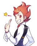  1boy bangs black_vest blush chili_(pokemon) highres index_finger_raised lobolobo2010 long_sleeves looking_at_viewer male_focus one_eye_closed pokemon pokemon_(game) pokemon_bw red_eyes redhead shirt simple_background smile solo star_(symbol) swept_bangs teeth upper_body vest white_background white_shirt 