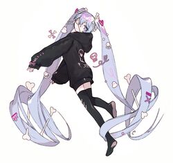  1girl alternate_costume black_hoodie bone boots eyepatch floating hatsune_miku hood hoodie long_hair looking_back one_eye_covered solo thigh-highs thigh_boots twintails u_emper very_long_hair vocaloid 