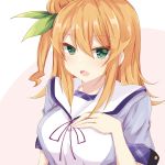  1girl eyebrows_visible_through_hair green_eyes green_ribbon hair_bun hair_ribbon hand_on_own_chest highres hinatsuki_mikan looking_at_viewer mac_4229 machikado_mazoku open_mouth orange_hair ribbon sailor_collar school_uniform short_hair short_sleeves smile solo white_sailor_collar 