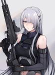  1girl absurdres ak-15_(girls_frontline) assault_rifle bangs bare_shoulders black_gloves braid closed_mouth clothing_cutout elbow_gloves girls_frontline gloves gun hair_over_one_eye highres holding holding_gun holding_weapon long_hair navel navel_cutout one_eye_covered rifle saiun_sigma shirt side_braid silver_hair sleeveless sleeveless_shirt tactical_clothes violet_eyes weapon 