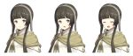  1girl bangs blunt_bangs brown_capelet closed_eyes d: expressions eyebrows_visible_through_hair grey_eyes hairband km_yama looking_at_viewer multiple_views open_mouth original parted_lips short_hair_with_long_locks sidelocks simple_background smile white_background 