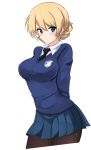  1girl absurdres aikir_(jml5160) arms_behind_back blonde_hair blue_eyes blue_skirt blue_sweater blush braid breasts cropped_legs darjeeling_(girls_und_panzer) emblem expressionless french_braid girls_und_panzer hair_between_eyes highres looking_at_viewer medium_breasts necktie pantyhose school_uniform skirt solo st._gloriana&#039;s_(emblem) st._gloriana&#039;s_school_uniform sweater white_background 