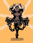  1girl :d black_skin breasts breasts_apart chain character_name claws demon_girl demon_horns full_body helltaker highres horns jacket judgement_(helltaker) large_breasts looking_at_viewer navel open_mouth orange_background rariatto_(ganguri) ringed_eyes simple_background smile solo standing thigh-highs white_eyes white_hair 