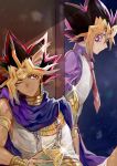  2boys absurdres atem black_hair blonde_hair cape closed_mouth dark_skin dark_skinned_male earrings egyptian_clothes gold highres jacket jewelry light_smile looking_at_another male_focus millennium_puzzle multiple_boys mutou_yuugi purple_hair red_eyes shirt tounori_(nrmc_7) tunic violet_eyes white_shirt yu-gi-oh! yu-gi-oh!_duel_monsters 