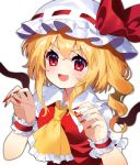  1girl :d ascot blonde_hair blush bow breasts claw_pose commentary_request drill_hair eyebrows_visible_through_hair fang fingernails flandre_scarlet frilled_cuffs frilled_shirt_collar frills hat hat_bow hat_ribbon highres looking_at_viewer mob_cap open_mouth puffy_short_sleeves puffy_sleeves red_bow red_eyes red_nails red_ribbon red_vest ribbon sharp_fingernails short_hair short_sleeves sidelocks simple_background small_breasts smile solo touhou upper_body v-shaped_eyebrows vest white_background white_headwear wings yellow_neckwear yuujin_(yuzinn333) 
