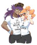  1boy 1girl aqua_eyes baseball_cap couple dark_skin dark_skinned_male dededsw_123 english_text facial_hair hair_ornament hat heart heart_hair_ornament hetero leon_(pokemon) long_hair nail_polish open_mouth orange_hair pokemon pokemon_(game) pokemon_swsh purple_hair shirt short_sleeves side_ponytail smile sonia_(pokemon) sunglasses white_shirt yellow_eyes 