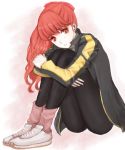  1girl bangs black_jacket black_pants erimiyaman hair_ribbon jacket leg_hug long_hair long_sleeves open_clothes open_jacket pants parted_lips persona persona_5 persona_5_the_royal pink_legwear red_eyes red_ribbon redhead ribbon shiny shiny_hair shoes sitting sneakers socks solo very_long_hair white_background white_footwear yoshizawa_kasumi 