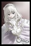  1girl blue_eyes chain dark_maihana dress eyebrows_visible_through_hair gloves hair_ornament highres lock original padlock princess restrained silver_hair tearing_up tiara 