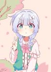  :&lt; alternate_color alternate_hairstyle aqua_eyes bangs beige_shirt blunt_bangs blush bow braid bush buttons center_frills closed_mouth collared_shirt commentary_request frilled_shirt_collar frilled_sleeves frills green_eyes green_shirt green_vest hair_bow hand_up highres konpaku_youmu layered_sleeves long_sleeves looking_at_viewer orange_background partial_commentary petals sansen_(ekd5870) serious shirt short_hair short_sleeves signature silver_hair sweatdrop touhou tree twin_braids v v-shaped_eyebrows vest white_hair 