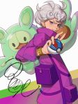  1boy absurdres ahoge ay_(1054105084) bede_(pokemon) blush coat commentary curly_hair fingernails gen_5_pokemon great_ball highres holding holding_poke_ball looking_at_viewer poke_ball pokemon pokemon_(creature) pokemon_(game) pokemon_swsh popped_collar purple_coat reuniclus signature silver_hair smile teeth violet_eyes watch watch 