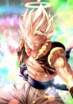  1boy aqua_eyes blonde_hair blue_sash closed_mouth dragon_ball dragon_ball_z gogeta halo looking_to_the_side male_focus mattari_illust metamoran_vest muscle pants pectorals sash solo spiky_hair stardust_breaker super_saiyan super_saiyan_1 twitter_username white_pants 