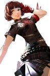  1girl :d alternate_costume arm_ribbon belt black_shirt blazpu braid brown_hair choker crown_braid garter_straps gloves hand_up highres lock niijima_makoto open_mouth persona persona_5 persona_5:_dancing_star_night plaid plaid_skirt red_eyes red_gloves red_ribbon ribbon shirt short_hair simple_background skirt smile solo studded_belt t-shirt torn_clothes torn_shirt white_background 