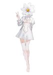  1girl absurdres dress flower full_body highres object_head original petals reoen simple_background solo v white_background white_dress 