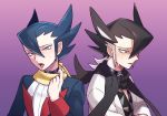  2boys aqua_eyes bangs black_choker black_scarf blue_hair blue_jacket brown_hair choker clothes_tug commentary_request dual_persona grey_eyes grimsley_(pokemon) hair_between_eyes heart heart-shaped_pupils jacket lobolobo2010 long_sleeves looking_at_viewer male_focus multiple_boys open_mouth pokemon pokemon_(game) pokemon_bw pokemon_sm scarf sweat symbol-shaped_pupils teeth tongue tongue_out yellow_scarf 
