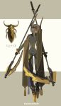  1girl black_bodysuit bodysuit breasts brown_hair bug covered_face covered_navel full_body holding insect insect_request long_hair long_sleeves mecha_musume original small_breasts solo standing tassel zenmaibook 