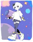  1girl ankle_boots blush_stickers boots border closed_mouth copyright_request eclair_groove enkyo_yuuichirou grey_legwear grey_shorts hair_ornament highres looking_at_viewer metro_mew planet shirt short_hair short_sleeves shorts smile solo space space_craft thigh-highs violet_eyes walking white_border white_footwear white_hair white_shirt white_skin 