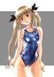  1girl blue_swimsuit breasts brown_eyes brown_hair clothes_writing collarbone commentary_request competition_swimsuit cowboy_shot grey_background hair_ribbon katahira_masashi lips long_hair looking_at_viewer nail_polish one-piece_swimsuit original parted_lips ribbon shiny_swimsuit small_breasts solo standing swimsuit twintails two-tone_background white_background 