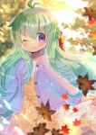  1girl ;) ahoge autumn_leaves bangs blurry blurry_background blurry_foreground bow braid brown_dress closed_mouth depth_of_field dress eyebrows_visible_through_hair floral_print green_hair hair_between_eyes hair_bow jacket kouu_hiyoyo leaf long_hair long_sleeves looking_at_viewer maple_leaf one_eye_closed open_clothes open_jacket original print_dress purple_jacket red_bow smile solo very_long_hair violet_eyes 