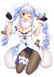  1girl ;d animal_ears arms_up bangs bare_shoulders black_gloves black_leotard blue_hair bow braid breasts carrot_hair_ornament commentary_request detached_sleeves don-chan_(usada_pekora) dress eyebrows_visible_through_hair food_themed_hair_ornament full_body fur-trimmed_dress fur-trimmed_gloves fur_trim gloves groin hair_bow hair_ornament highres holding_ears hololive kneeling leotard long_hair looking_at_viewer mizunashi_(second_run) multicolored_hair one_eye_closed open_mouth puffy_short_sleeves puffy_sleeves rabbit_ears red_eyes shadow short_eyebrows short_sleeves small_breasts smile strapless strapless_dress strapless_leotard thick_eyebrows twin_braids twintails two-tone_hair upper_teeth usada_pekora very_long_hair virtual_youtuber white_background white_bow white_dress white_hair white_sleeves 