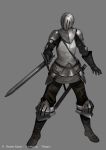  1other ambiguous_gender armor brown_footwear brown_pants covered_face faulds full_armor full_body gorget grey_background helmet holding holding_sword holding_weapon km_yama knee_pads margot official_art pants simple_background solo sword watermark weapon 