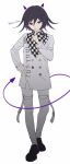  1boy black_hair character_name checkered checkered_neckwear checkered_scarf dangan_ronpa finger_to_mouth full_body hair_between_eyes hand_on_hip highres horns index_finger_raised io_(sinking=carousel) long_sleeves male_focus new_dangan_ronpa_v3 ouma_kokichi scarf simple_background smile solo standing straitjacket tail violet_eyes white_background 