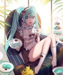  / 1girl absurdres ahoge apron aqua_eyes black_dress bow cookie dress flower food frills hair_between_eyes hatsune_miku heart highres holding indoors looking_at_viewer macaron open_mouth plant plate shoes sidelocks sitting smile sunlight twintails uniform white_legwear window wrist_cuffs 
