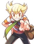  1boy bag bangs barry_(pokemon) black_pants blonde_hair brown_eyes commentary_request green_scarf hand_on_hip highres leaning_forward lobolobo2010 looking_at_viewer male_focus pants pointing pokemon scarf shirt short_sleeves shoulder_bag sketch smile solo striped striped_shirt white_background 