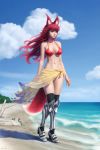  1girl animal_ears bangs beach bikini blue_sky breasts commission day driftwood fox_ears fox_tail full_body gohpot greaves long_hair medium_breasts navel original outdoors over-kneehighs red_bikini red_eyes redhead sarong sky solo swimsuit tail thigh-highs walking wind 